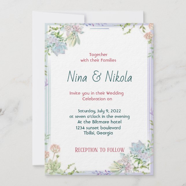 Colourful suculent flowers beautiful invitation (Front)