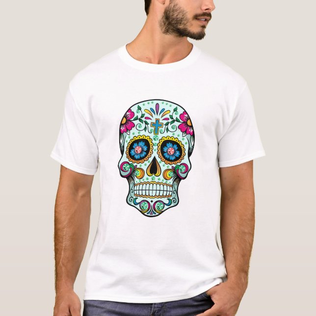 Colourful Sugar Floral Skull  Green Tint T-Shirt (Front)