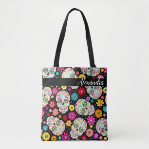 Colourful Sugar Skull and Flower Fiesta Black Tote Bag