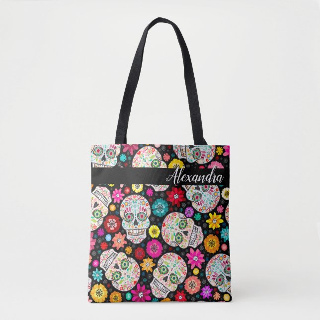 Colourful Sugar Skull and Flower Fiesta Black Tote Bag (Front)