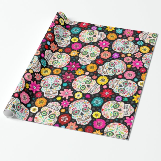 Colourful Sugar Skull and Flower Fiesta Black Wrap Wrapping Paper (Unrolled)