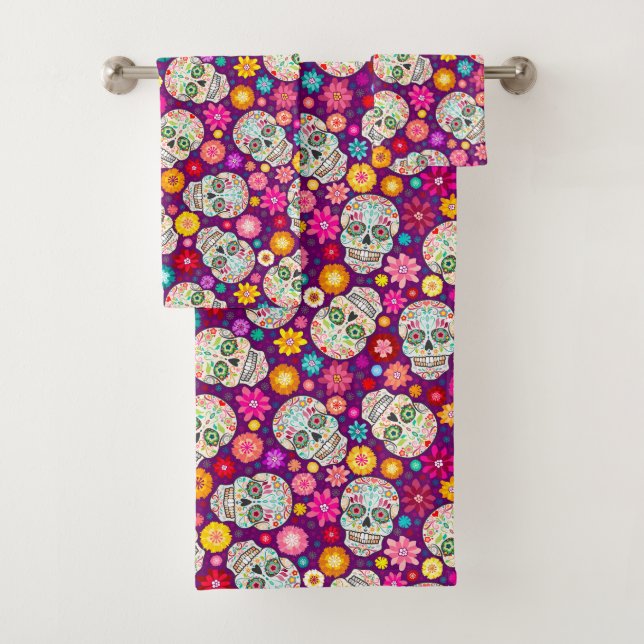 Colourful Sugar Skull and Flower Fiesta Purple Bath Towel Set (Insitu)