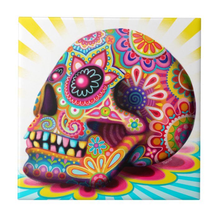 Colourful Sugar Skull Art Ceramic Tile 