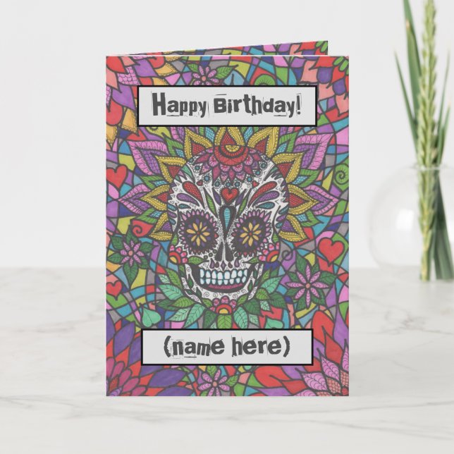 Colourful Sugar Skull Art Personalised Holiday Card (Front)