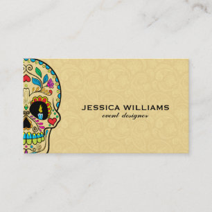 Colourful Sugar Skull & Beige Paisley Business Card