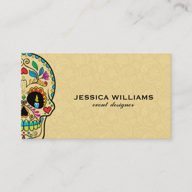 Colourful Sugar Skull & Beige Paisley Business Card (Front)
