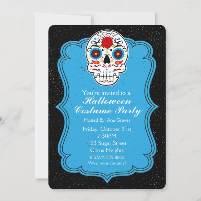 Colourful Sugar Skull & Blue Party Invitation (Front)