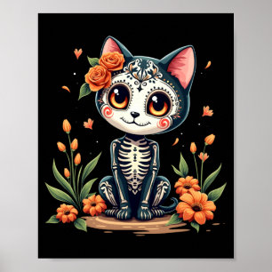 Colourful Sugar Skull Cat Mexican Halloween Poster