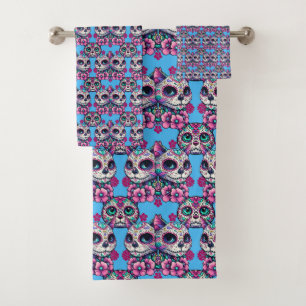 Colourful Sugar Skull Cat Pattern Bath Towel Set