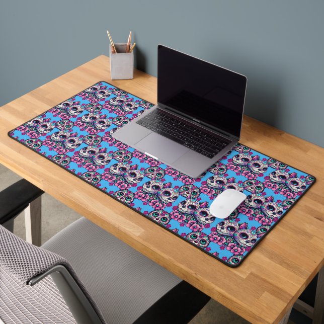 Colourful Sugar Skull Cat Pattern Desk Mat (Office 2)