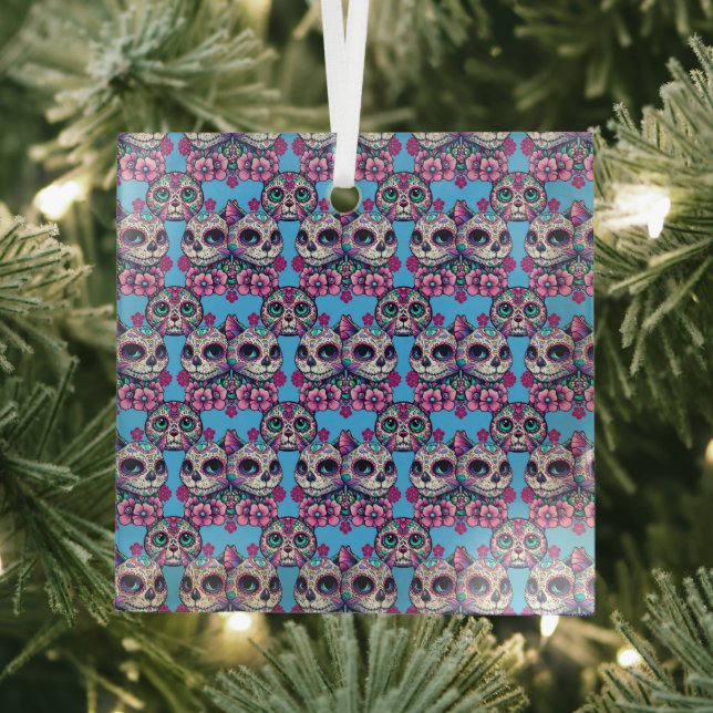 Colourful Sugar Skull Cat Pattern Glass Tree Decoration (Insitu)