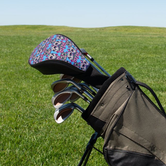 Colourful Sugar Skull Cat Pattern Golf Head Cover (In Situ)