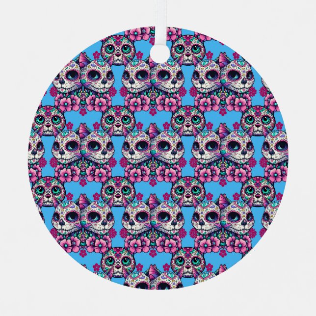 Colourful Sugar Skull Cat Pattern Metal Tree Decoration (Front)