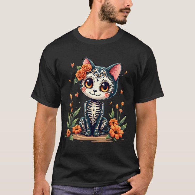 Colourful Sugar Skull Cat Tee Mexican Halloween  (Front)