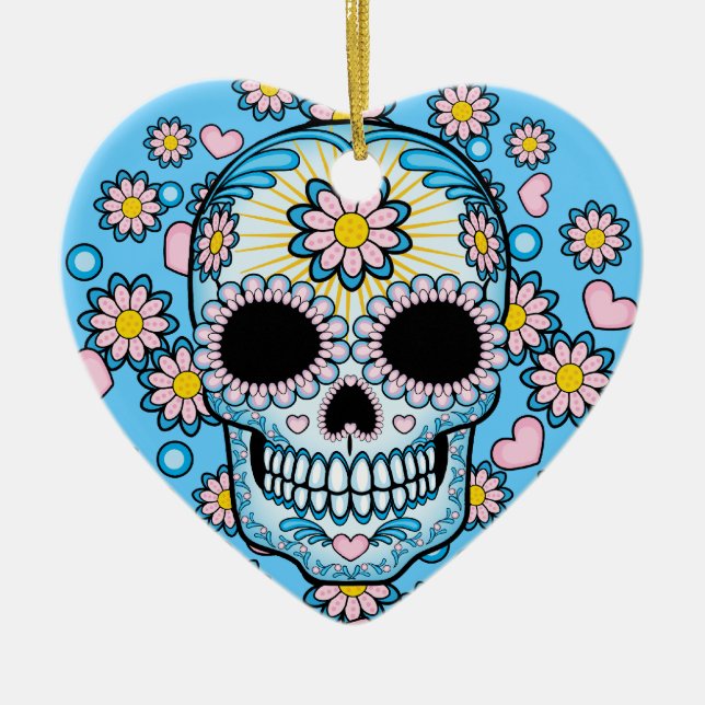 Colourful Sugar Skull Ceramic Tree Decoration (Front)