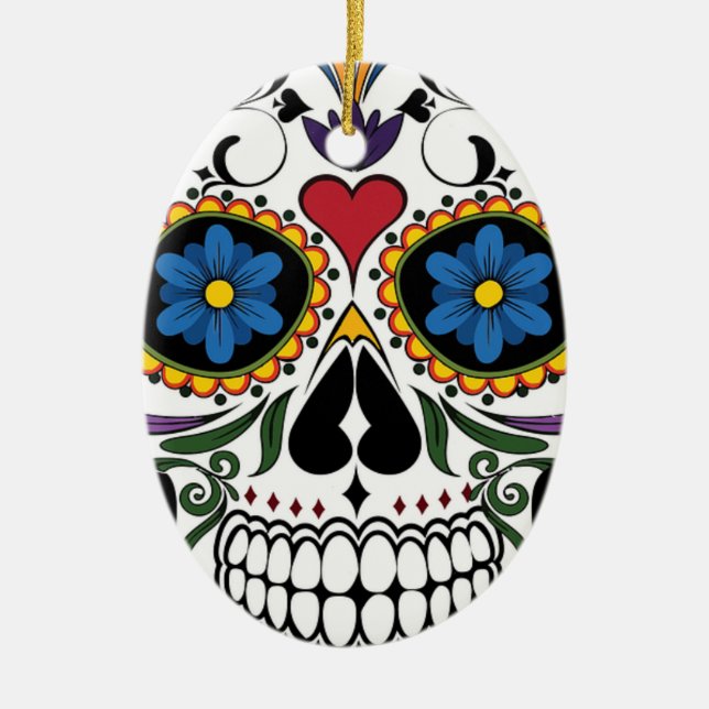 Colourful Sugar Skull Ceramic Tree Decoration (Front)