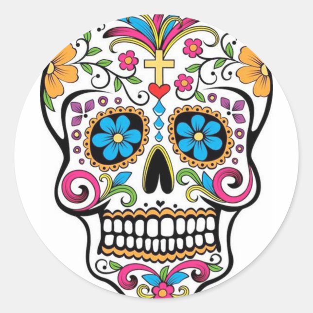 Colourful Sugar Skull Classic Round Sticker (Front)