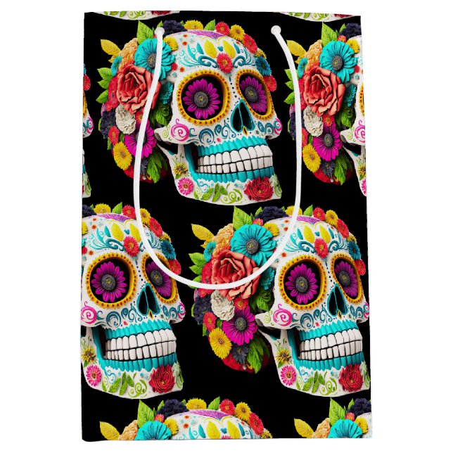 Colourful Sugar Skull Day of the Dead Calaveras Medium Gift Bag (Front)