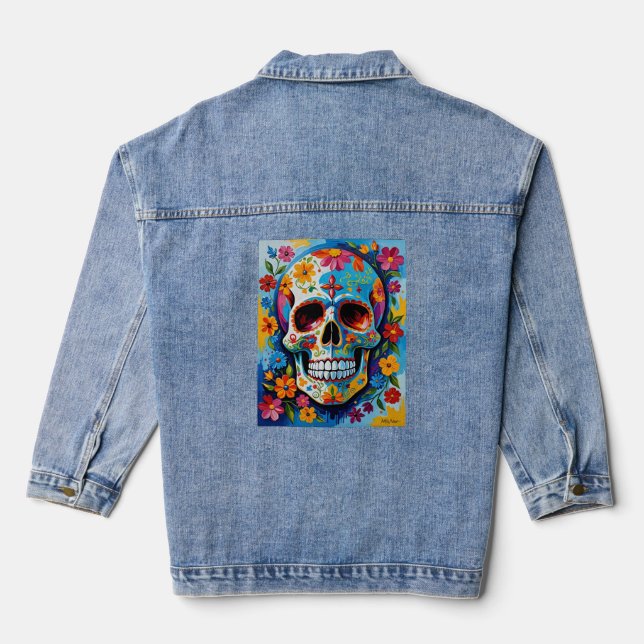 Colourful Sugar Skull Día de Muertos Denim Jacket (Back)