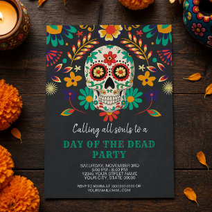 Colourful Sugar Skull Floral Day of the Dead Party Invitation