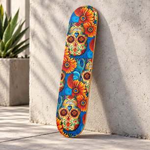 Colourful Sugar Skull Floral Folk Art Skate Style Skateboard