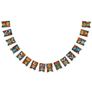 Colourful Sugar Skull Garland with Floral Folk Art