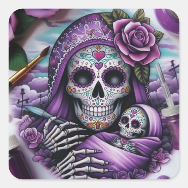 Colourful Sugar Skull Mama and Baby Square Sticker (Front)