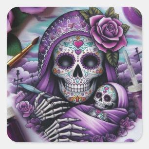 Colourful Sugar Skull Mama and Baby Square Sticker