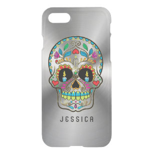 Colourful Sugar Skull Metallic Silver Background iPhone SE/8/7 Case