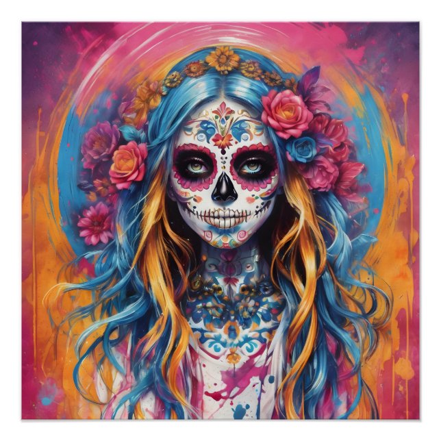 Colourful Sugar Skull no c4 Glossy Poster (Front)