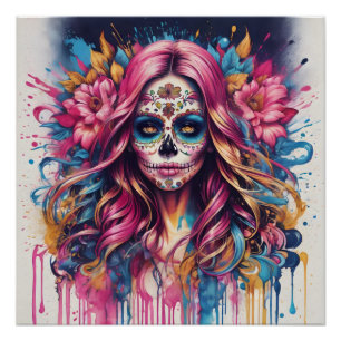 Colourful Sugar Skull no c5 Glossy Poster