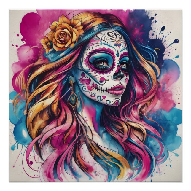 Colourful Sugar Skull no c6 Glossy Poster (Front)