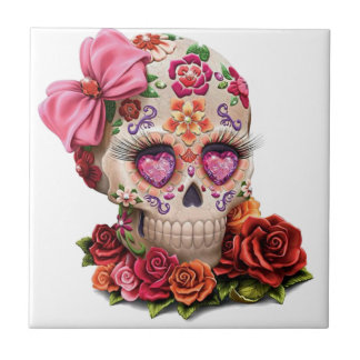Colourful Sugar Skull on white Ceramic Tile