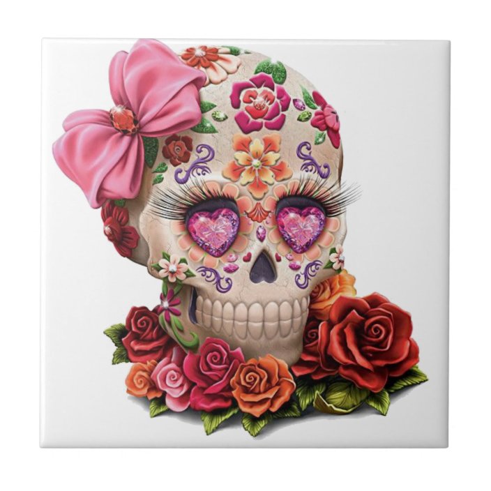 Colourful Sugar Skull On White Ceramic Tile Uk