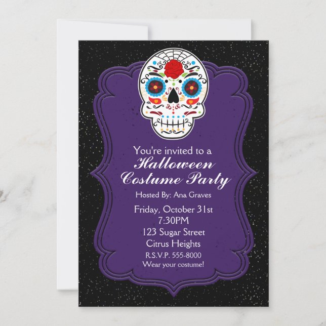 Colourful Sugar Skull & Purple Party Invitation (Front)