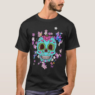 Colourful Sugar Skull with Flowers and Butterflies T-Shirt