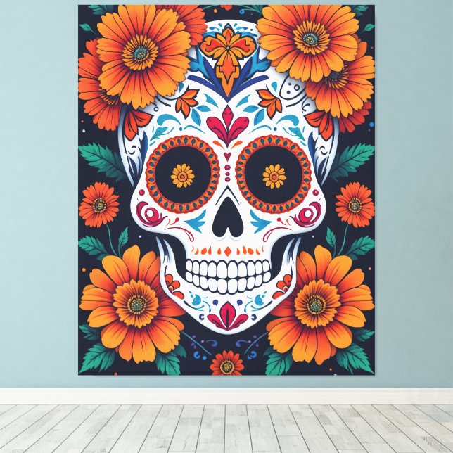Colourful Sugar Skull with Marigolds  Canvas Print (Insitu(Wood Floor))
