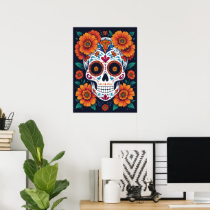 Colourful Sugar Skull with Marigolds Poster