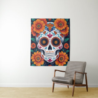 Colourful Sugar Skull with Marigolds  Tapestry