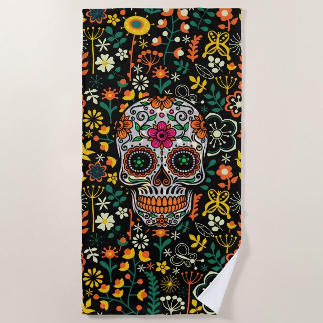 Colourful Sugar Skull With Retro Flowers Backgroun Beach Towel (Front)