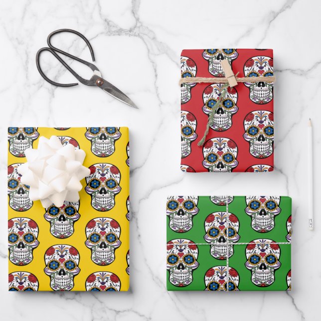 Colourful Sugar Skull Wrapping Paper Sheet Set (Front)