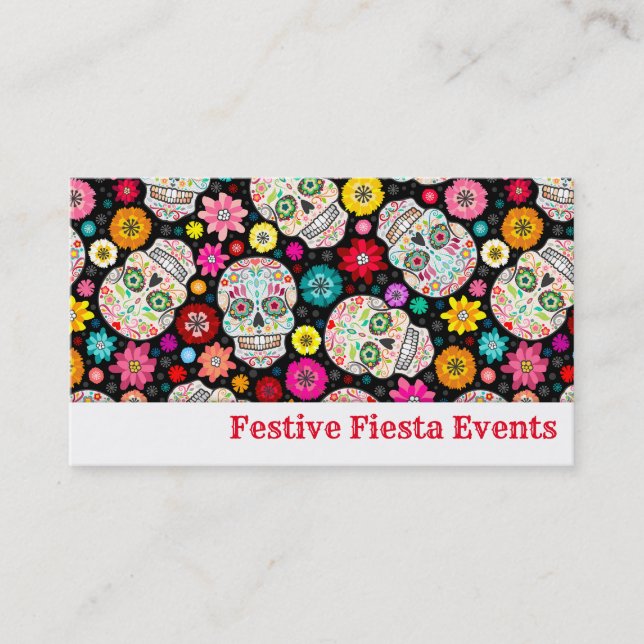 Colourful Sugar Skulls and Flowers Fiesta on Black Business Card (Front)