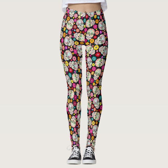 Colourful Sugar Skulls and Flowers on Black Leggings (Front)