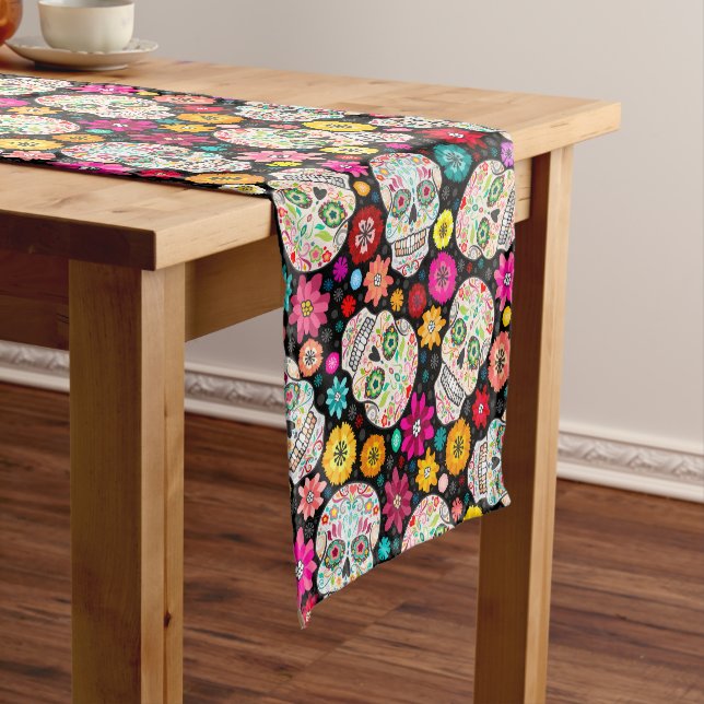 Colourful Sugar Skulls Flowers Fiesta Black Runner (In Situ)