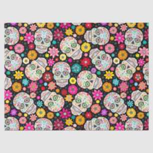 Colourful Sugar Skulls Flowers Fiesta Black Tissue Paper