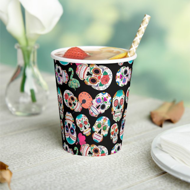 Colourful Sugar Skulls on Black Halloween Paper Cups (Insitu)