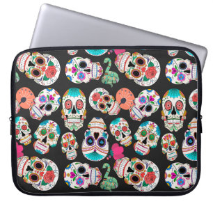 Colourful Sugar Skulls on Black Laptop Sleeve