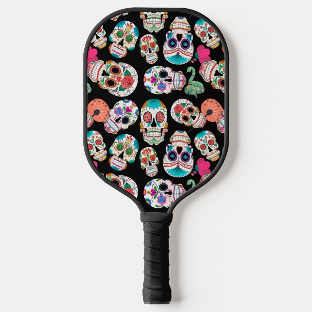 Colourful Sugar Skulls Pattern Monogram Pickleball Paddle (Front)