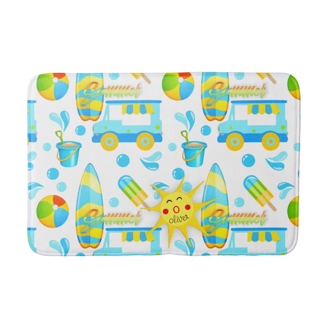Colourful Summer and Beach Fun Monogrammed Pattern Bath Mat (Front)