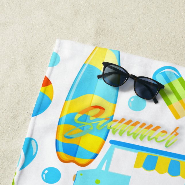 Colourful Summer and Beach Fun Monogrammed Pattern Beach Towel (In Situ)